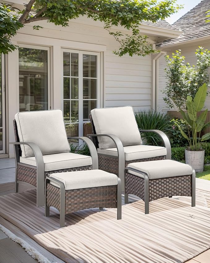 HUMMUH Outdoor Wicker Chairs Set of 2-All Weather Rattan Wicker Patio Chairs with Ottoman Small Outdoor Furniture Set for Deck Porch Garden Poolside Backyard-Brown/Beige