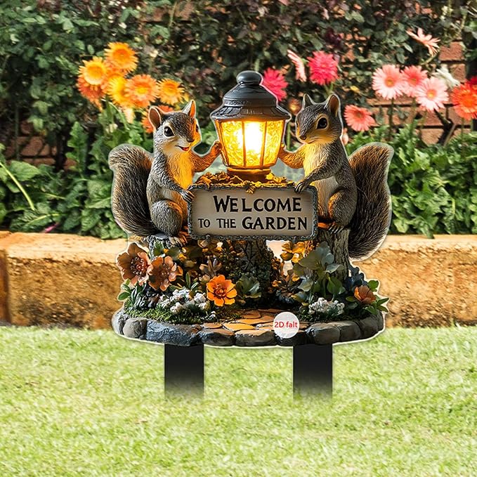 Cute Squirrels Garden Stake Decor, 2D Flat Stained Acrylic Animal Sign, Small Animal Ornament Indoor Outdoor Yard Lawn Pot Plant Decorative Accessories