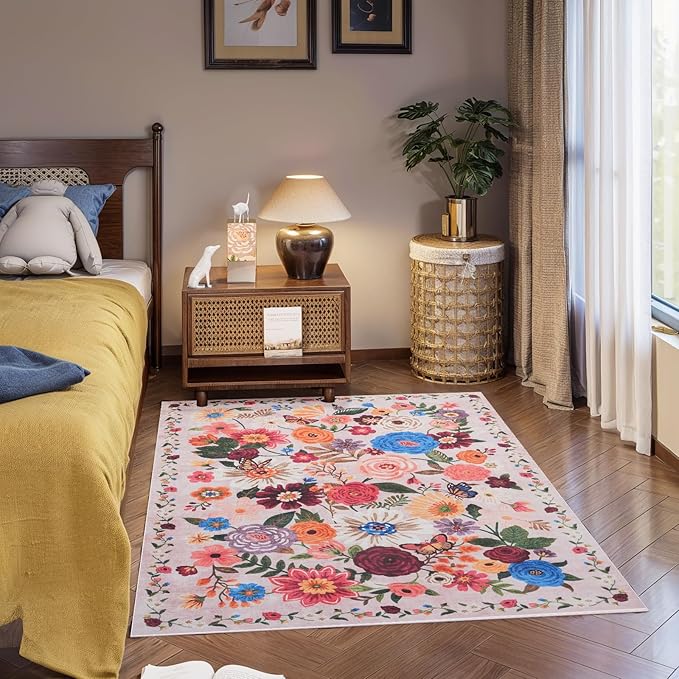 Pink/Beige Floral Machine Washable Rug, 3x5 Rug Non Slip Soft Bedroom Rugs for Entryway Dorm, Ultra-Thin Rugs for Bedroom Stain Resistan(3 x 5, Beige/Pink Garden)