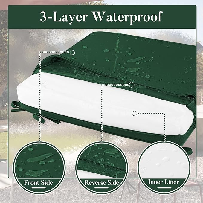 Basic Beyond Outdoor Chair Cushions for Patio Furniture, Waterproof Outdoor Seat Cushions Set of 4 18 x 18, Patio Chair Cushions Set of 4 with Ties and Handle, Forest Green