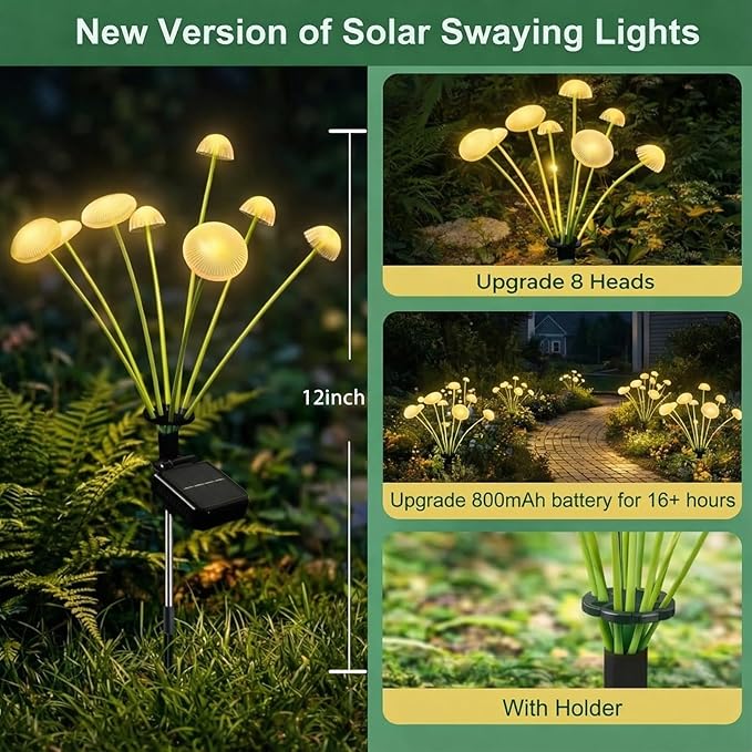 4 Pack Solar Garden Lights, 32 LEDs Swaying Mushroom Lights with 8 Lighting Modes, IP65 Waterproof Outdoor Decor for Garden, Yard, Patio, Pathway (Warm White)