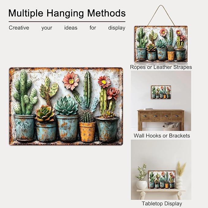 Gardening Gifts Vintage Garden Mental Tin Signs Cactus Plant Flower Printing for Home Yard Greenhouse Outdoor Decoration (8x12 Inch)