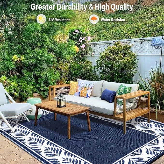 HUGEAR Outdoor Plastic Straw Rug, Waterproof Mat, Washable Large Floor Mat and Rug for Outdoors, RV, Beach, Patio, Camping, Backyard, Deck, Picnic, Outside (6x9ft,Olive-Leaf/Dark Blue&White)