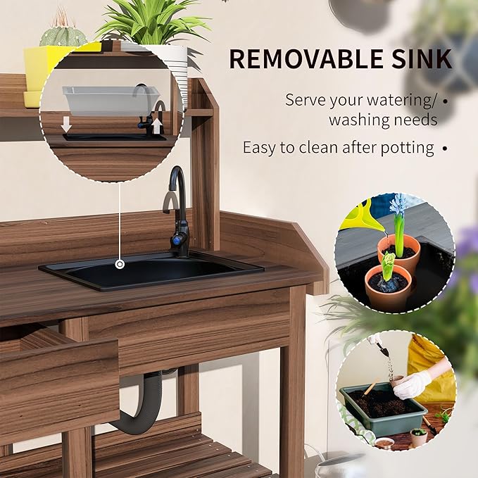 Outsunny Potting Bench Table, Outdoor Garden Table Wooden Work Station with Removable Sink, Faucet, Drawer, Shelves, Hooks, Dark Brown