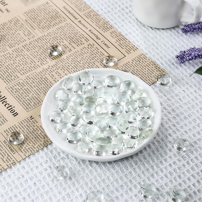 CYS EXCEL Clear Glass Gemstone Beads Vase Fillers (2 LBS) Flat Marble Beads Multiple Color Choices Aquarium Decor Rocks Floral Stones Decorative Mosaic Glass Gem Pebbles