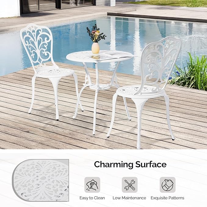 Outvita Patio Table and Chairs Set, Cast Aluminum Outdoor Cafe Table and Chairs Set of 3, Stability Patio Bistro Sets with Umbrella Hole for Garden, Patio, Balcony, Butterfly Pattern White