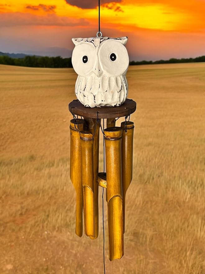Big Eyed Owl Carved Wood and Bamboo Windchime – Distressed White Finish Hanging Outdoor Garden – Relaxing Calming Deep Tones