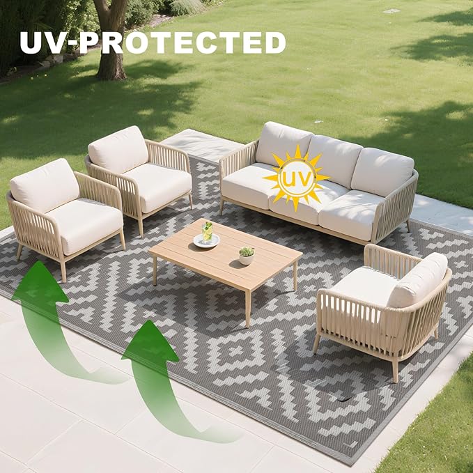 RURALITY Outdoor Rugs 9x12 Feet for Patios Clearance,Plastic Straw Waterproof Mats for RV,Backyard,Porch,Deck,Balcony,Coffee&Beige