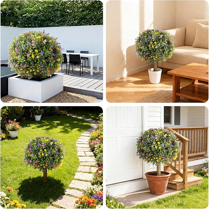 Set of 2 Artificial Colorful Blossoms Spherical Tree,UV-Resistant Faux Shrub,Outdoor Artificial Plants,Suitable for Gardens,Porches and Outdoor Planters