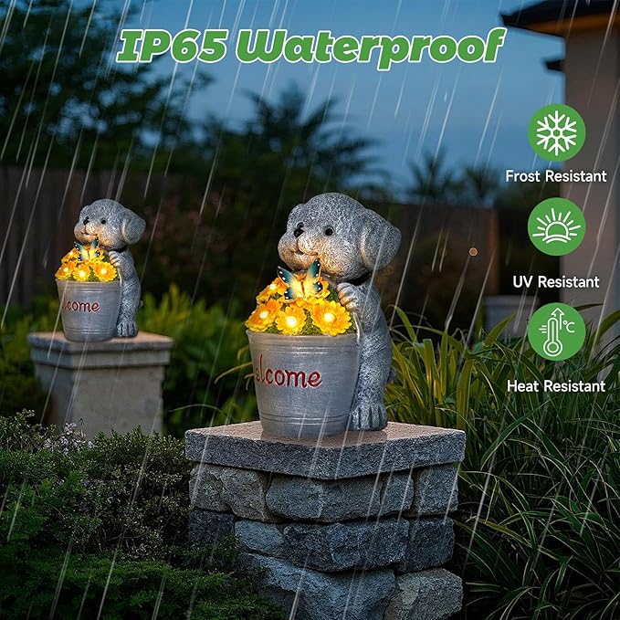 Solar Garden Decor Dog Statue Outdoor Christmas Decorations Dog Figurine Light with Bucket for Outdoor Patio Balcony Yard Porch Lawn for Women Mom Grandma Family Friend