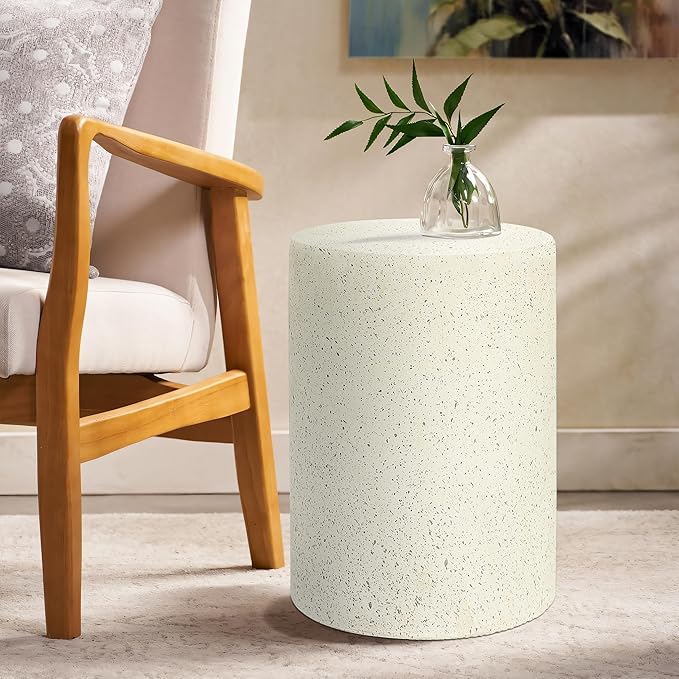 LuxenHome Cream with Speckled Gray Cement Round Indoor Outdoor Side and End Table (Set of 2)
