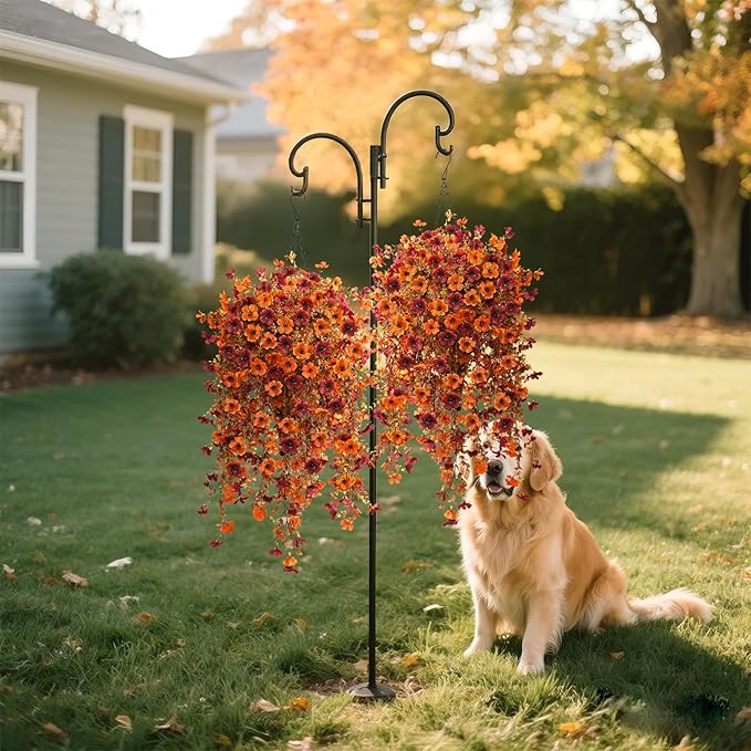 Fall Artificial Fake Mums Hanging Flowers Plants Basket for Outdoor Decoration,Faux Silk Daisy planters UV Resistant Look Real for Home Porch Patio Balcony Yard Autumn Decor (Orange Brown)