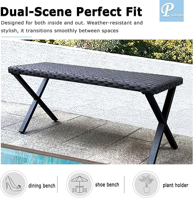 46” Black Rattan Bench with Metal X-Legs, Wicker Frame Patio Bench for Hallway, All Weather Outdoor Bench for Garden, Backyard, Porch