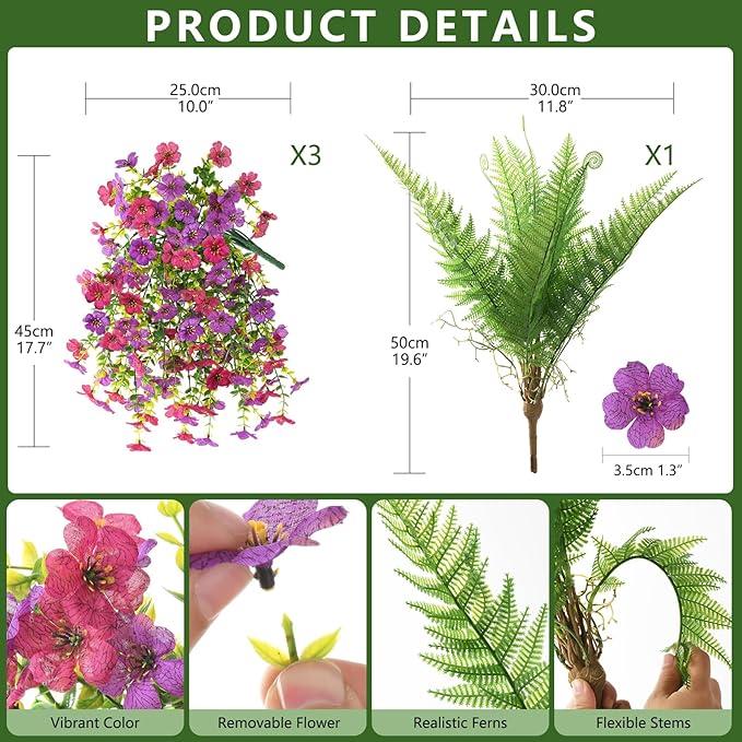 Artificial Fake Hanging Flowers for Outdoors, Silk Daisy with Articial Boston Ferns Plants Set, Realistic Spring Fake Outdoor Flowers UV Resistant Porch Patio Yard Decor