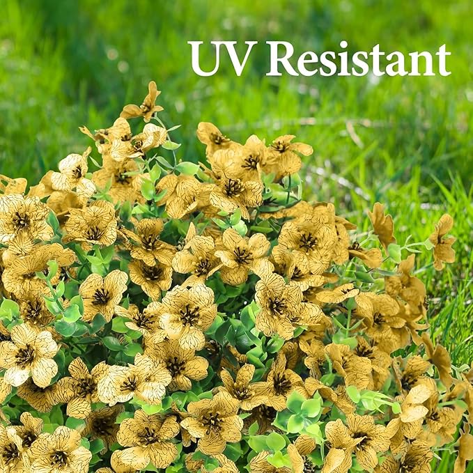 Artificial Flowers Outdoor Faux Plants UV Resistant Fake Patio Flowers Plastic Greenery Plnats Outside Bulk for Spring Garden Hanging Planter Home Vase Decor, 24 Bundles (Yellow)