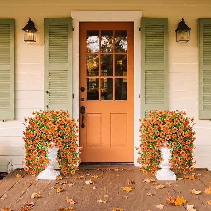 Artificial Hanging Flowers Plants for Outdoor Fall Decoration, 2PCS Faux Silk Daisy UV Resistant Look Real for Outside Home Indoor Planter Porch Garden Yard Autumn Decor(Orange)