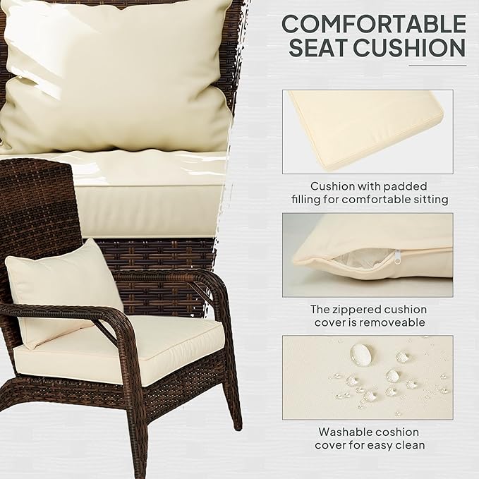 Outsunny Patio Wicker Adirondack Chair, Outdoor All-Weather Rattan Fire Pit Chair with Soft Cushions, Tall Curved Backrest and Comfortable Armrests for Deck or Garden, Mixed Brown/Cream White