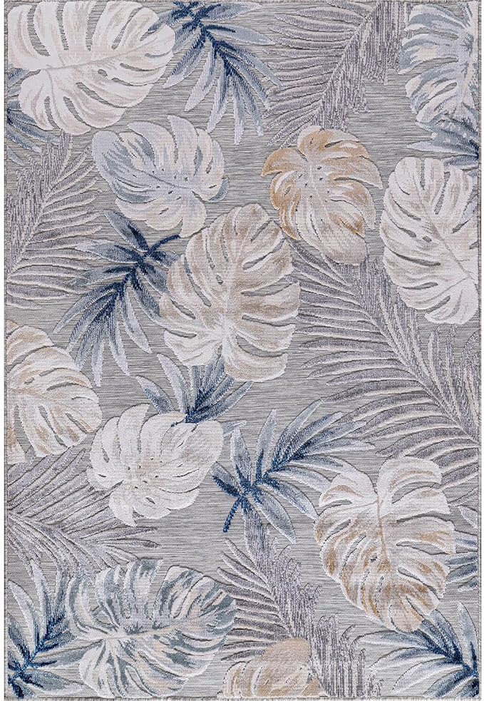CAMILSON Indoor Outdoor Rug, Blue 10’x14’ Leaf Tropical Botanical Area Rugs for Indoor and Outdoor patios, Easy-Cleaning Non-Shedding Living Room, Garden and Kitchen Washable Outside Carpet (10x14)