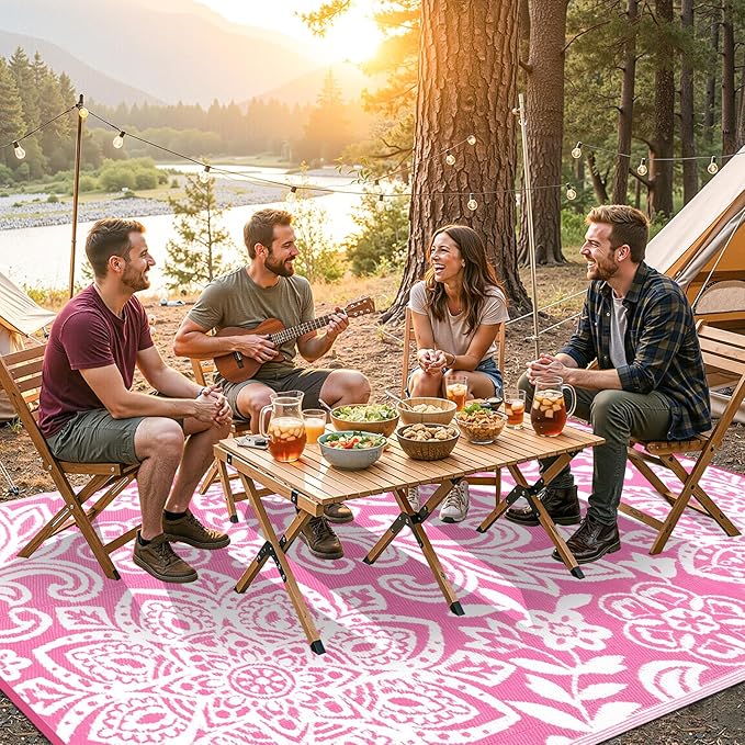 Findosom Waterproof Outdoor Rug 6' x 9' - Reversible Mandala Outdoor Plastic Straw Rug, Durable Foldable Patio Rug for RV, Deck, Balcony, Backyard, Picnic, Porch, Camping, Beach, Pink