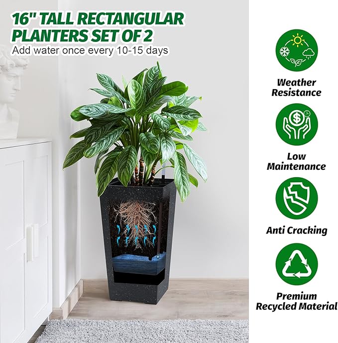 22.5" Tall Self Watering Planters Set of 2, Indoor Outdoor Plant Pots with Water Level Monitor & Drainage Holes, Automatic Watering System for Patio Garden Decor, Black