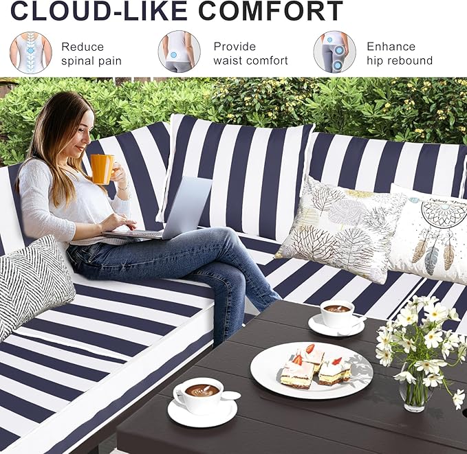 Patio Sectional Cushions, 14-Piece Replacement Cushions for Outdoor Furniture, Water-Resistant Outdoor Sofa Cushion for 6-Seat Rattan Wicker Sectional Conversation Sets (Navy Blue & White Stripes)