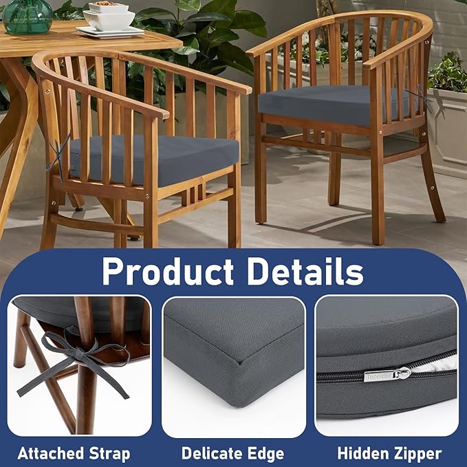 Topotdor Outdoor Chair Cushions Set of 2, 19"x19"x3" Waterproof Patio Chair Cushions for Outdoor Furniture, Round Corner Outdoor Seat Cushions Color Fastness Chair Pads with Ties, Dark Gray