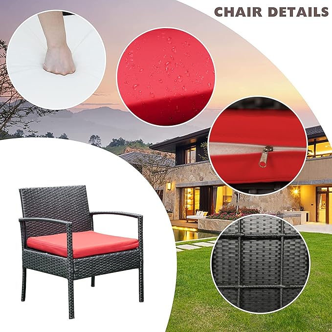 PROHIKER 3 PCS Patio Rattan Conversation Chairs Set, Outdoor Patio Furniture Balcony Furniture Set, Wicker Patio Bistro Set for Garden Porch Balcony Yard, Red