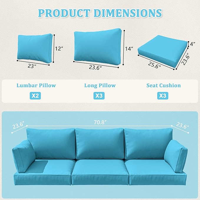 8-Piece Outdoor Cushions for Patio Furniture Thick Outdoor Chair Cushions Resilient Foam Waterproof Deep Seat Cushion Replacement for 3-Seat Sectional Sets Liner&Cover Lake Blue