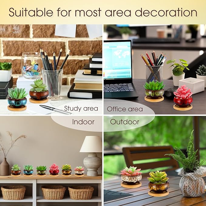 12 Pcs Succulent Pots 2.5 Inch Mini Ceramic Succulent Garden Flower Pots Planters with Drainage and Bamboo Tray for Indoor Garden Plants Planters Colorful Flower Pot(Round,1.2 Inch H)