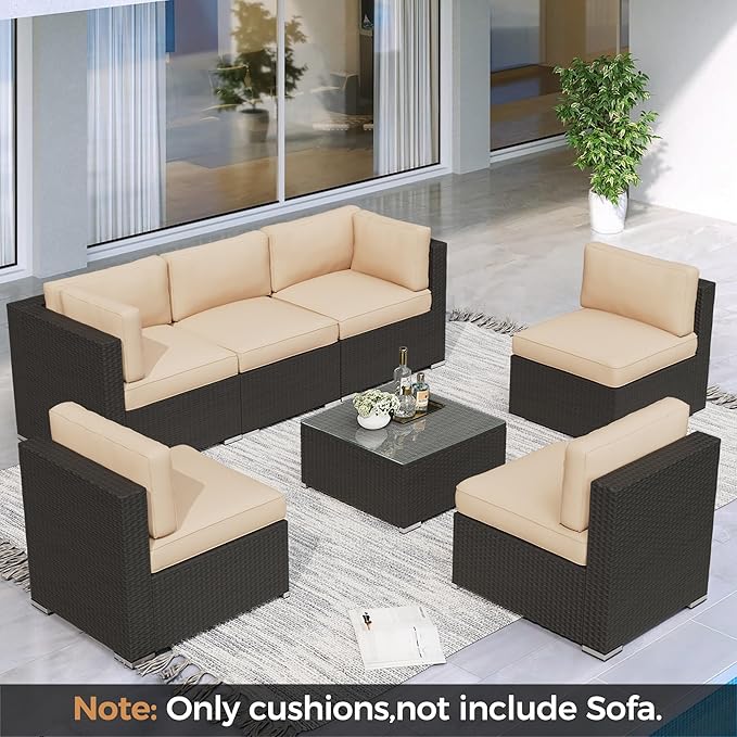 Crownland 14 Piece Outdoor Furniture Replacement Cushions, Sofa Cushions for 6 Seat Rattan Wicker Sectional Patio Conversation Sets, Water-Resistant Cushion, Light Brown