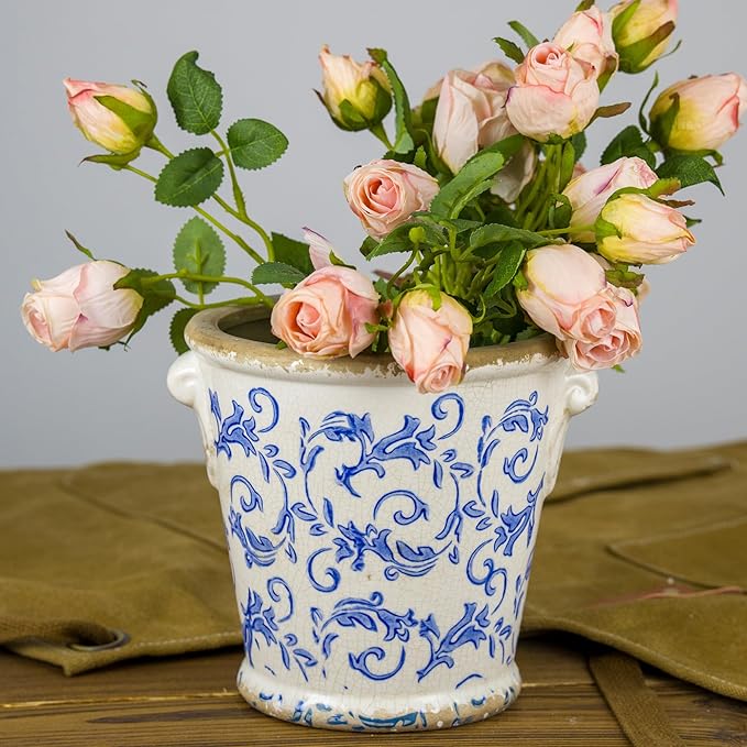 Vintage Ceramic Flower Pot with Drainage Holes and Handle,Ice Crack Country Rustic Planters for Indoor Outdoor,Tuscan Decor,Home and Garden Decor,Gardening Present