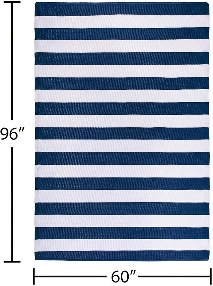 FH Home Outdoor Rug - Waterproof, Fade Resistant, Reversible - Premium Recycled Plastic - Striped - Large Patio, Deck, Sunroom, Camping, RV - Brittany Stripe - Blue & White Crease Free - 5 x 8 ft