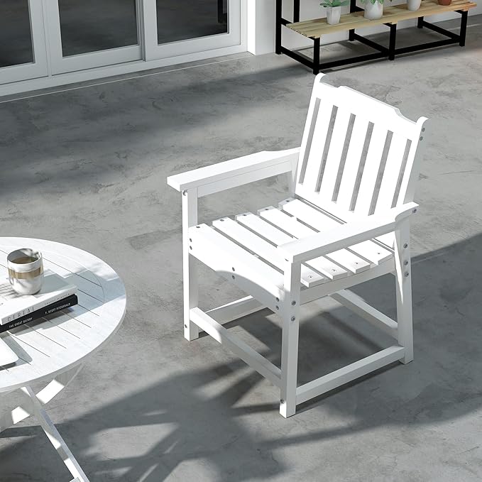 Outsunny All-Weather Patio Chair, HDPE Patio Dining Chair, Heavy Duty Wood-Like Outdoor Furniture for Garden, Backyard, Deck, Porch, Lawn, White