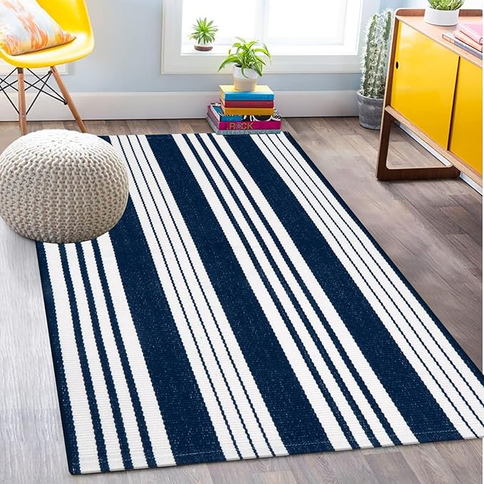 OJIA Blue and White Outdoor Rug 3'x5' Cotton Woven Striped Front Porch Rug Machine Washable Indoor Outdoor Rugs Farmhouse Entry Rug Layered Door Mat for Entryway/Kitchen/Front Door Entrance Decor