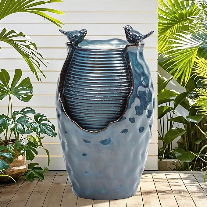 24.8" Ceramic Jar Outdoor Fountain, Honeycomb Pot Water Feature with LED Lights, Soothing Trickling Waterfall for Garden, Patio, Yard, Balcony or Porch Oasis, Turquoise Glaze, KD Vivid Birds