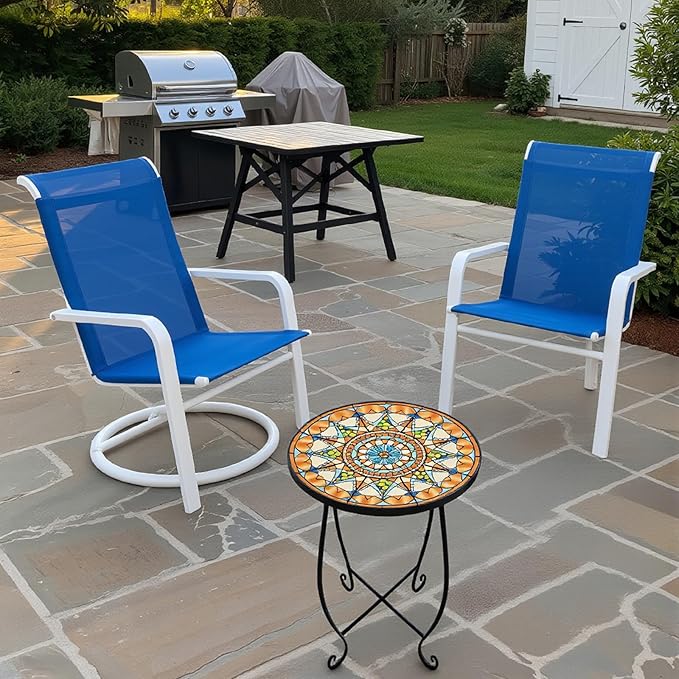 Mosaic Outdoor Side Table Round, 15 Inch Height - Small Patio Table, Foldable Sun Pattern Metal Plant Stand for Garden, Balcony, Porch & Camping (Mosaic Sun)