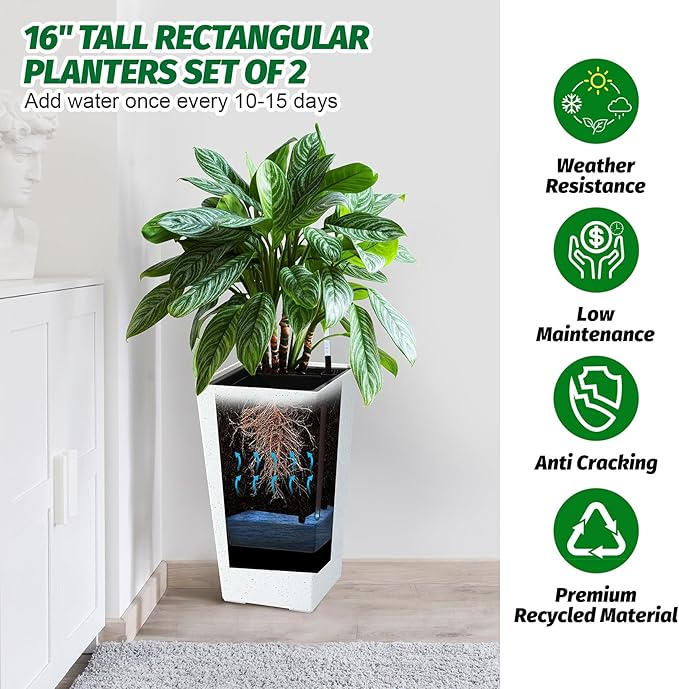22.5'' Tall Planters for Outdoor & Indoor, Self Watering Plant Pots Set of 2 with Water Level Monitor & Drainage, Automatic Watering for Patio Garden, White