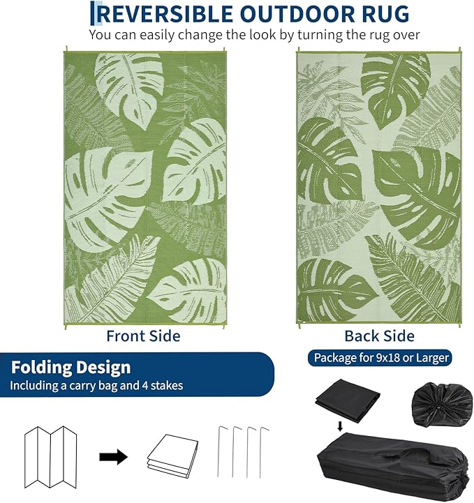 COZYLOOM Large Outdoor Rug 9x18 Waterproof Plastic Straw Rug, Reversible Patio Rugs Modern Camping Mat with Portable Bag & Stakes, Foldable & UV Resistant, Outdoor Carpet for Yard Deck, Sage Green