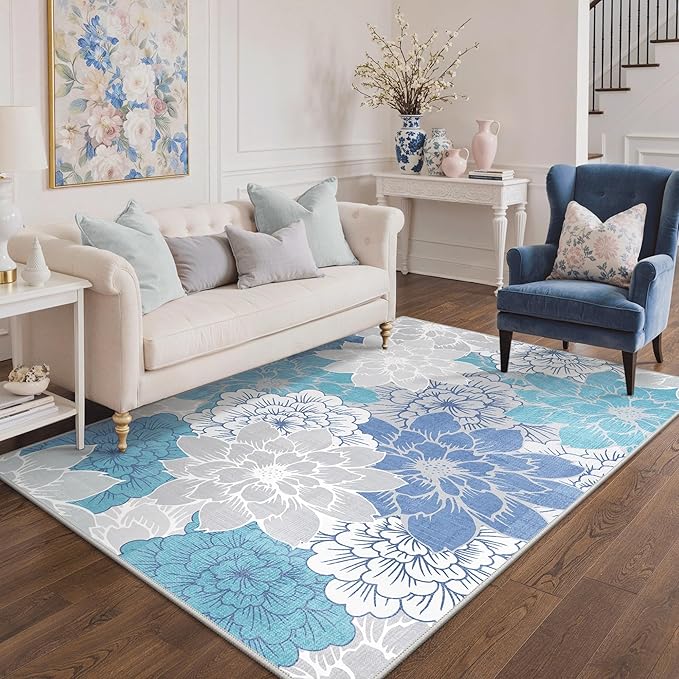 GENIMO Indoor Outdoor Area Rug 6'x9', Machine Washable Rugs for Patio, Waterproof, Non-Slip Easy Cleaning Floral Outdoor Mat Carpet for Living Room, Bedroom, RV, Balcony, Deck, Camping, Light Blue