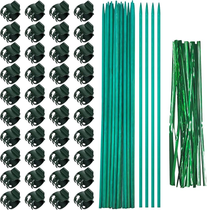 40Pcs Plant Clips and 20Pcs Bamboo Garden Stakes for Tomato Orchid with 20Pcs Metallic Twist Ties, Plant Stem Support Plant Stakes for Indoor Outdoor Vine Plants