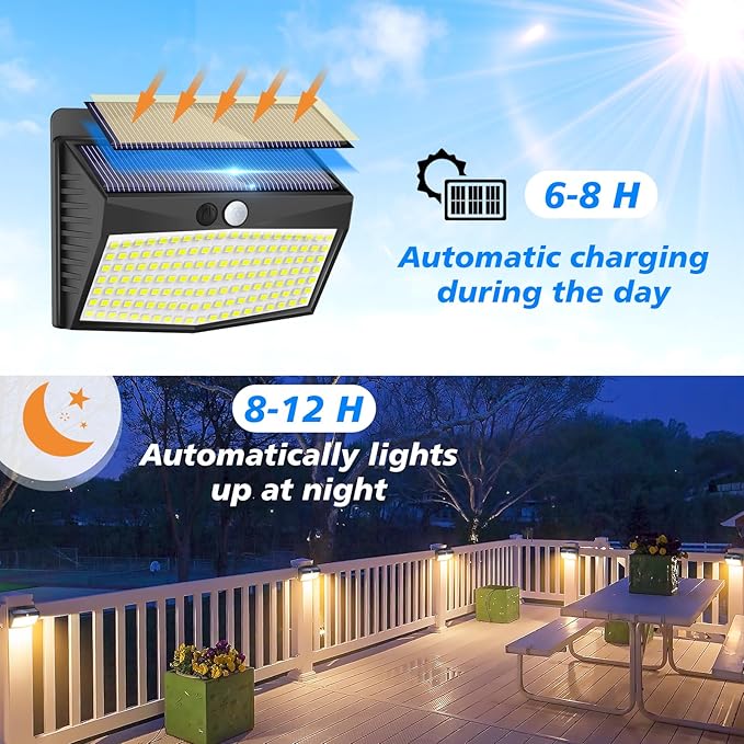 [138 LED/8 Packs] Solar Motion Sensor Lights Outdoor Waterproof with 3 Lighting Modes Wall Lights Solar Security Powered Lights for Garden Fence Yard Deck Garage, Warm White