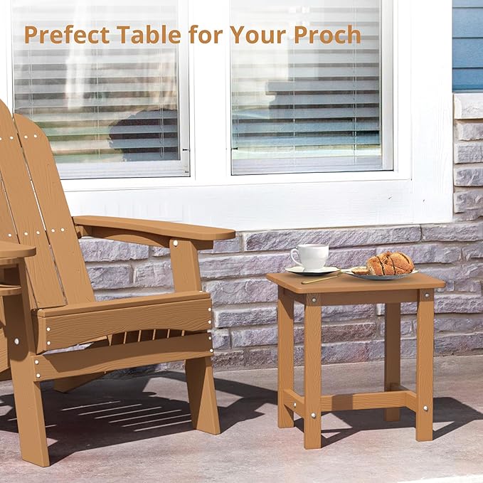 LUE BONA Outdoor Side Table Set of 2, HDPS Small Outdoor Table, Adirondack Side Table,Outside End Table for Patio, Porch, Pool, Weather Resistant/Easy Maintenance/Indoor or Outside Use, Teak Color