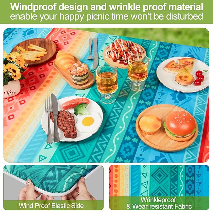 Picnic Table Cover with Bench Covers 6FT 3 Pcs Waterproof Windproof Aesthetic Camping Tablecloth with Drawstring Bag, Fitted for 6 Foot Rectangle Tables and Seats, 72 inch, Teal Orange
