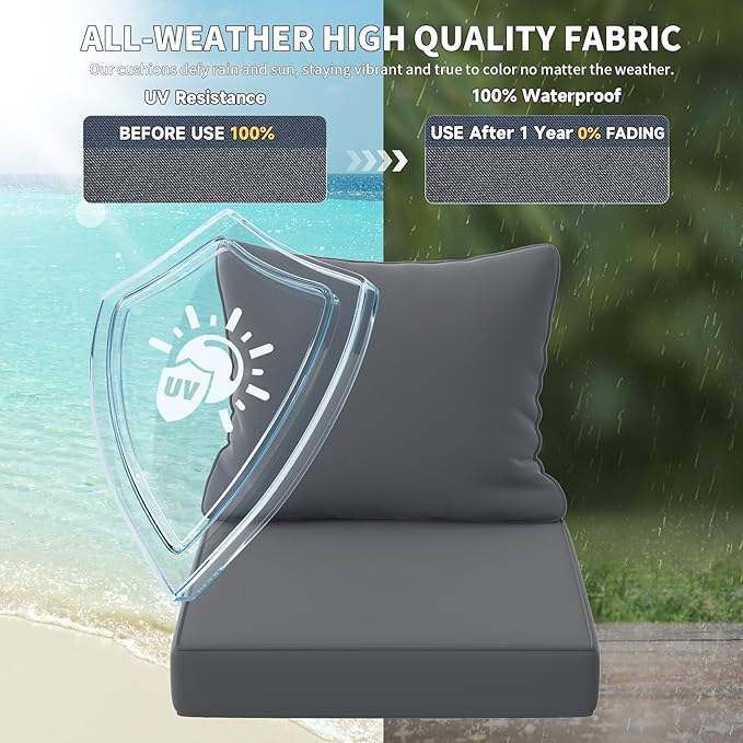 UDPATIO Outdoor Cushions for Patio Furniture, 24 x 24 Outdoor Deep Seat Cushions with Waterproof Fade Resistant, Adjustable Snaps, Removable Cover and Handle, Grey