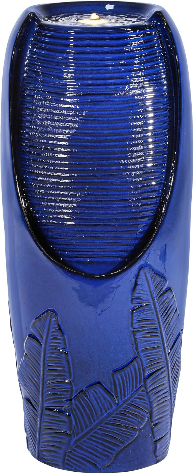 33" Cearmic Outdoor Fountain, Large Tall Jar Water Feature with Lights, Soothing Trickling Waterfalls for Garden Patio Yard Balcony or Porch, Cobalt Blue Glaze, 3D Tropical Leaf Patterns