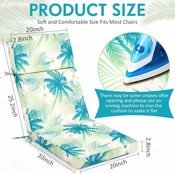 4 Pack Outdoor High Back Chair Cushion, 44 x 20 inches Patio Chair Cushions Waterproof Rocking Cushions Indoor Furniture Seat Pad, Weather Resistant (Palm Tree,Green)