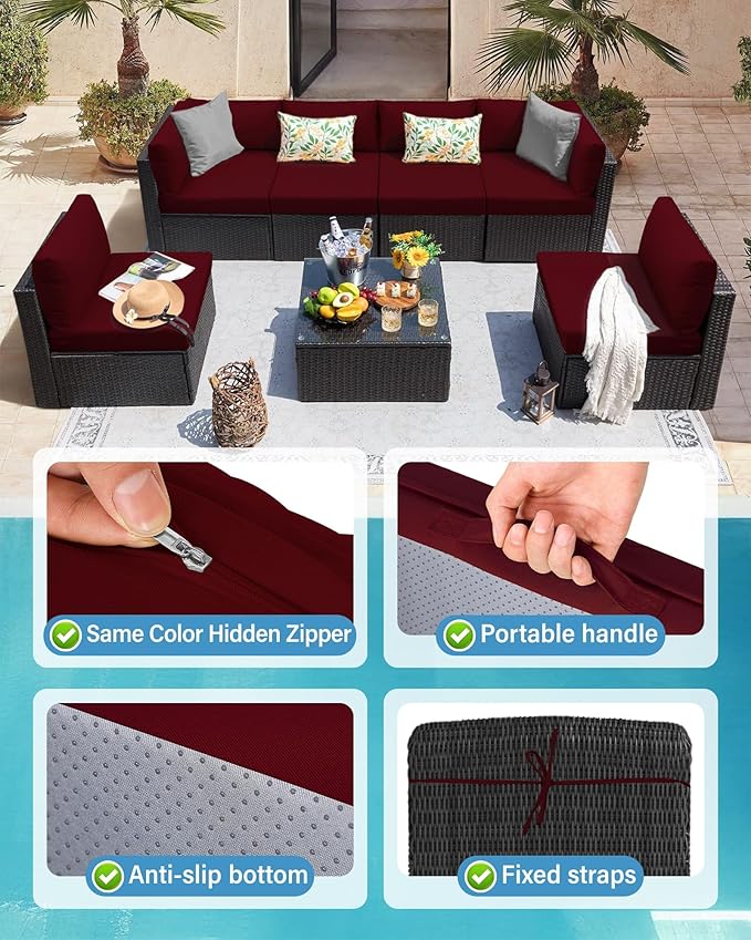 YEFU Outdoor Cushions for Patio Furniture: Replacement Cushions for Outdoor Furniture - Waterproof Couch Cushion - Fade-Resistant/Easy Clean - 14 Piece Sectional Cushion - NonSlip/Storage Bag/Burgundy
