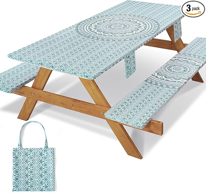 Fitted 8Ft Picnic Table Cover with Chair Covers Elastic Polyester Stain Resistant Reusable Camping Table Cloth Patio Family Glamping Things Hiking Rv Traveling Needs Gifts for Grandparents