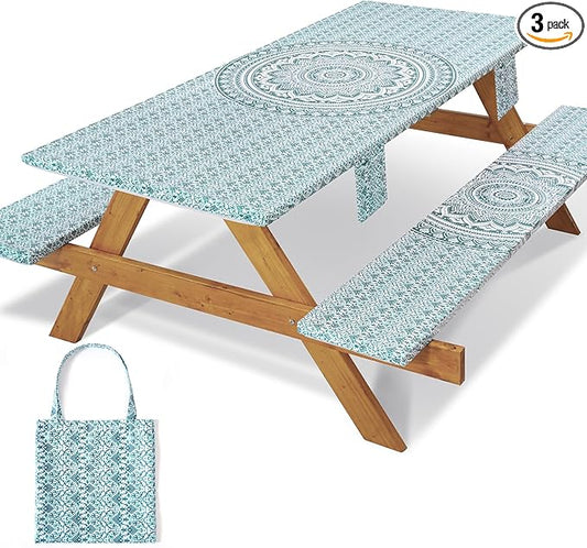 Fitted 8Ft Picnic Table Cover with Chair Covers Elastic Polyester Stain Resistant Reusable Camping Table Cloth Patio Family Glamping Things Hiking Rv Traveling Needs Gifts for Grandparents