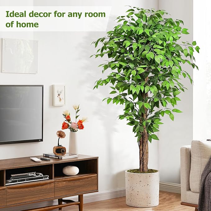 6.2ft Ficus Artificial Trees with 3 Natural Curved Trunks, 74" Tall Lush Faux Tree for Home Decor Indoor, Green Lifelike Fake Ficus Tree Artificial Plants